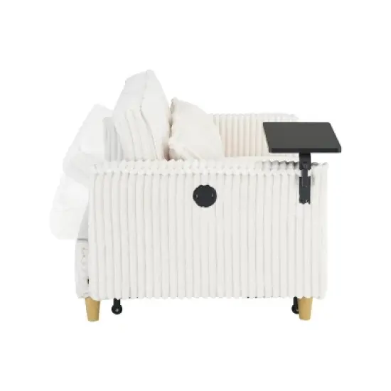 Dual-Function Pull-Out and Push-In Corduroy Sleeper Sofa Bed with Movable Table, 2 pillows and USB Ports, Couch for Small Apartments image {7}