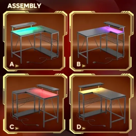 Bestier 42" Reversible L-Shaped Gaming Desk with Power Outlets LED Lights and Monitor Stand &Storage Shelves & Hooks for Bedrooms & Home Offices image {7}