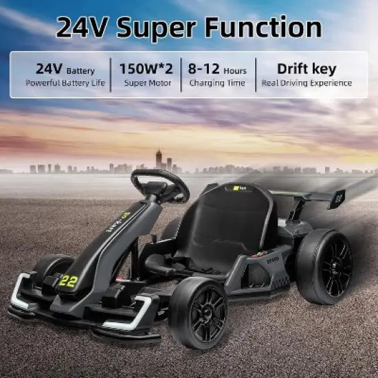 24V Kids Electric Drift Go-Kart, Adjustable Seat, 4 Speed Modes, LED Lights, Music & Horn, Battery-Powered Ride-On for Ages 6-12, Grey image {2}