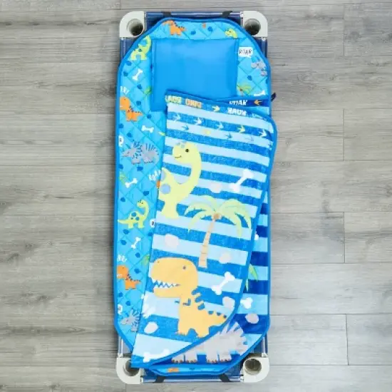 Everyday Kids Dinosaur Toddler Cot Nap Mat for Home, Daycare, Preschool ; Easy to Roll Sleeping Mat with Elastic Straps, Pillow and Blanket image {5}