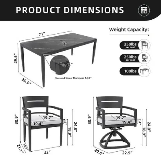 CAVINAS 7 Piece Patio Dining Set Aluminum Dining Table with Chairs Black Sintered Stone Tabletop Outdoor Dining with 6 Chairs for Patio image {4}