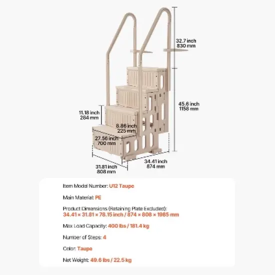 VEVOR Swimming Pool Ladder, 4-Step Double Handrails Stairs with Non-slip Heavy Duty Steps, Max Load Capacity 400 lbs, for 48-54 In Inground, Taupe image {7}