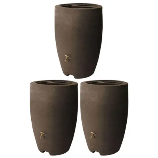 Algreen Athena 50 Gallon Plastic Outdoor Rain Barrel with Brass Spigot and Screen Guard for Rain Water Collection and Storage, Brownstone (3 Pack) image {1}