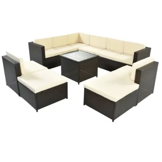 9pc Wicker Patio Sectional Seating Set with Cushions - Beige - GODEER image {6}
