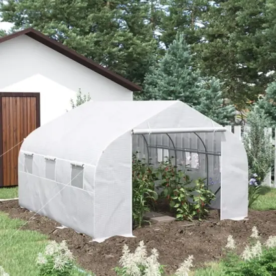 Outsunny 12' x 10' x 7' Walk-in Outdoor Tunnel Greenhouse, PE Cover, Steel Frame, Roll-Up Zipper Door & 6 Windows for Tropical Plants, White image {2}