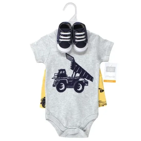 Hudson Baby Infant Boy Cotton Bodysuit, Shorts and Shoe Set, Construction Trucks image {1}