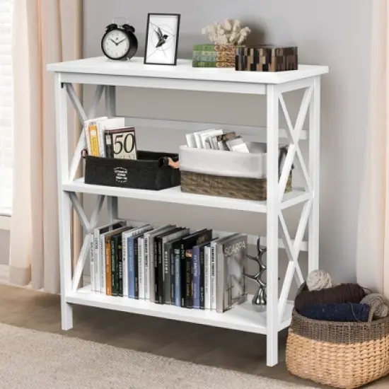 Costway Wooden Shelf Bookcase 3-Tier Open Bookshelf W/X-Design Freestanding Rack BlackBrownNaturalWhite image {1}