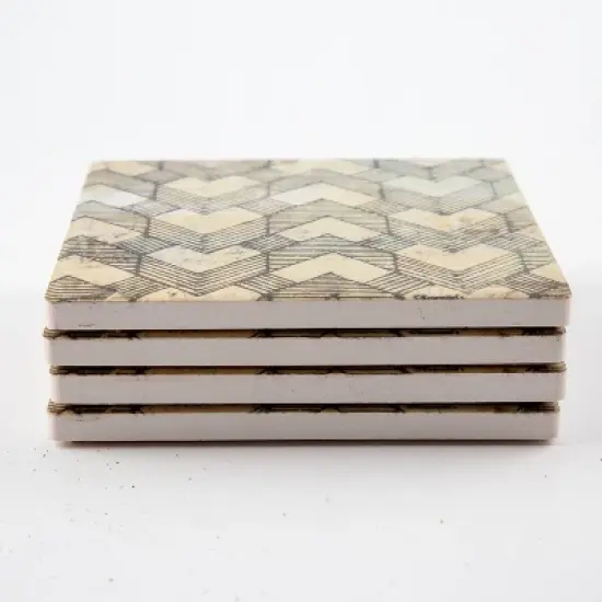4pk Ceramic Geo Herringbone Print Coasters - Thirstystone: Absorbent Drink Coasters, Off-White, Hand Wash, 4.25" image {2}