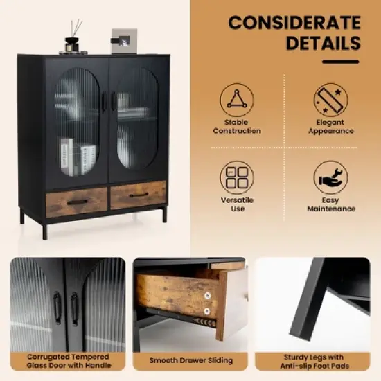 Costway Kitchen Storage Cabinet Freestanding Buffet Sideboard w/ 2 Glass Doors & Drawers image {5}