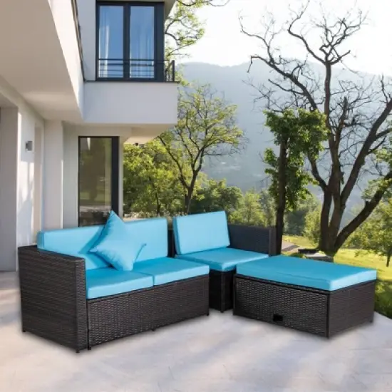 4pc Wicker Patio Sectional Seating Set with Cushions - Brown/Blue - GODEER image {2}