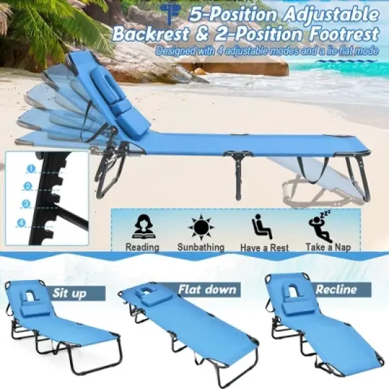 Costway Beach Chaise Lounge Chair with Face Hole Pillows & 5-Position Adjustable Backrest Blue image {4}