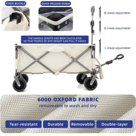 CAVINAS Folding Heavy Duty Wagon Cart with Drink Holders,Shopping Cart with Adjustable Handle,Wagon for Camping,Shopping image {4}