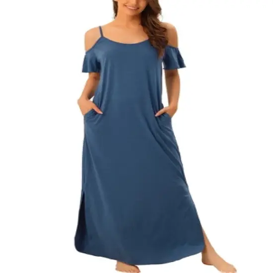 cheibear Women's Summer Cold Shoulder with Pockets Casual Maxi Maternity Lounge Dress image {6}