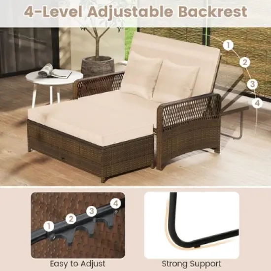 Tangkula Patio Rattan Daybed Wicker Loveseat Sofa w/ Multifunctional Ottoman image {4}