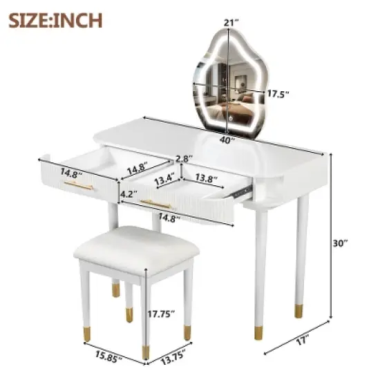 TOBILI 40" Modern Vanity Table Set with Mirror Touch Screen Lighted Mirror, Dressing Table and Cushioned Stool Set with 2 Large Drawers, White image {5}