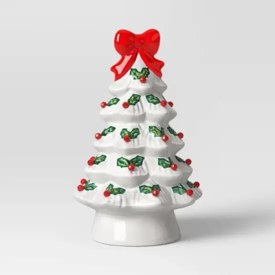 12" Lit Ceramic White Christmas Tree with Red Bow - Wondershop&trade; image {2}
