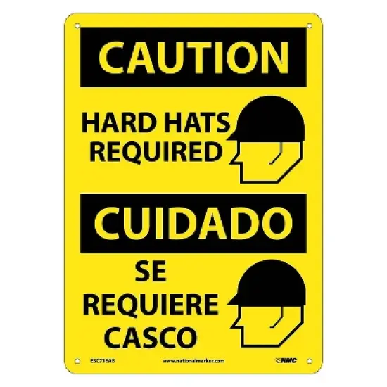 National Marker Caution Signs; Hard Hats Required (Graphic) Bilingual 14X10 .040 Aluminum ESC716AB image {1}