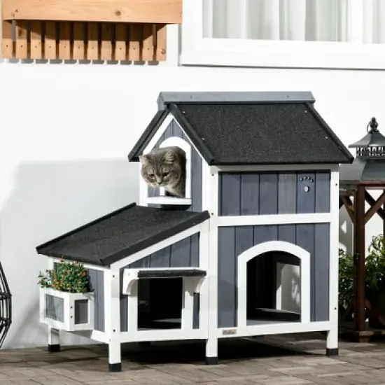 PawHut Outdoor Cat House with Weather-resistant Roof & Garden Bed, Outdoor Cat Shelter Enclosure with Multiple Entrances, Cat Furniture Hideout, Gray image {2}