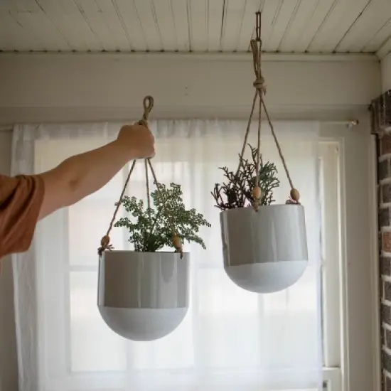 Gray Metal, Rope & Wood Large Hanging Planter - Foreside Home & Garden image {4}