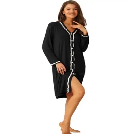 cheibear Womens Button Down V Neck Long Sleeve Pajama Nightshirt Dress image {5}