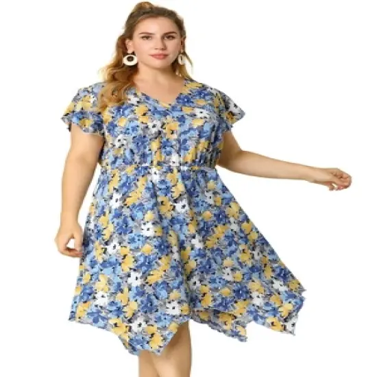 Agnes Orinda Women's Plus Size Floral Belted Ruffled Asymmetrical Hem Midi Dress image {3}