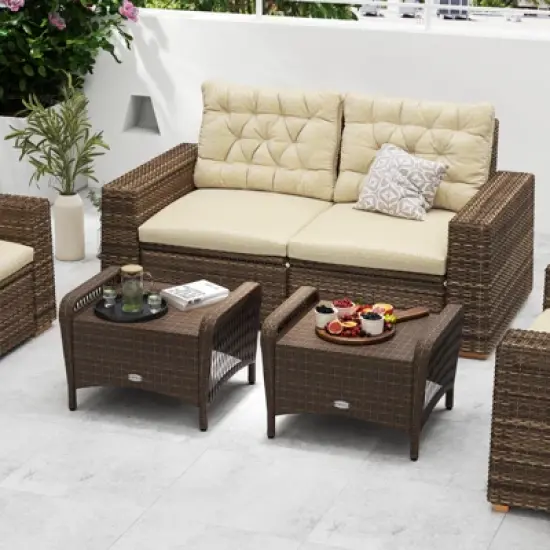 Tangkula 2 Pieces Outdoor Patio PE Wicker Ottomans w/ Removable Cushions Footstools image {3}