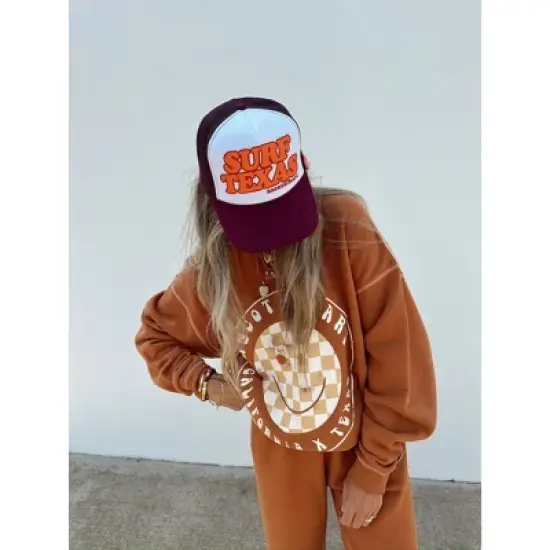 Women's Ascot + Hart Checkered Smile Graphic Pullover Sweater - Orange image {5}