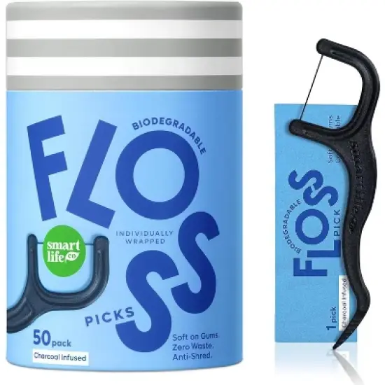 SmartLifeco Individually Wrapped Floss Picks | 50 Pack | Charcoal Infused | Biodegradable Plant Based Dental Picks | Smart Life Co image {4}