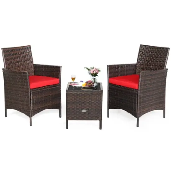 Tangkula 3 Pieces Patio Rattan Conversation Furniture Wicker Chairs with Coffee Table & Cushions Red/Blue/White image {10}