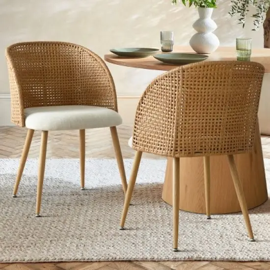 Modern Rattan Dining Chairs, Armchairs with Double-Woven Rattan Back and Beige Upholstered Seat, Natural Style Kitchen Chairs-Maison Boucle image {9}