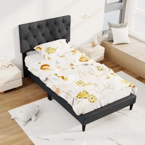 Costway Twin/Full/Queen Size Bed Frame with Button-Tufted Headboard & Wooden Slats Easy Assembly image {10}