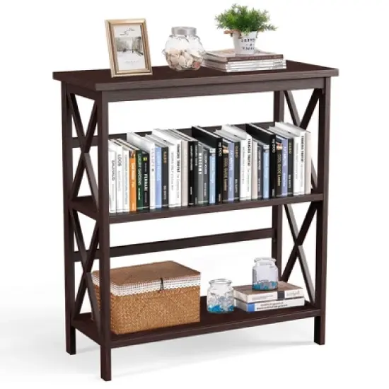 Costway Wooden Shelf Bookcase 3-Tier Open Bookshelf W/X-Design Freestanding Rack BlackBrownNaturalWhite image {11}