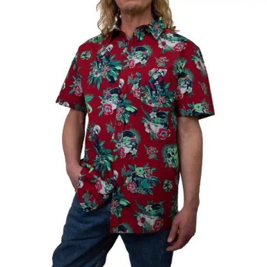 Men's Star Wars: The Mandalorian Grogu and Din Djarin Retro Hawaiian Print Button Down Shirt image {2}