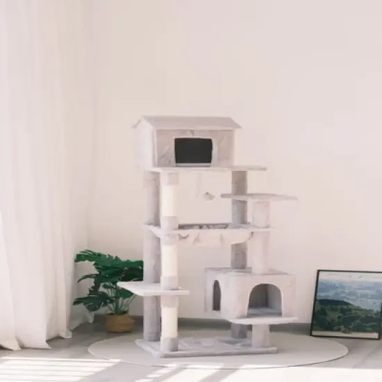 SEVOBAL Pet Tower 63-Inch Multi-Level Cat Tree with Plush Perches, Scratching Posts, Spacious for Play, Relaxation, Gray, 22.44"*11.42"*18.5" image {4}
