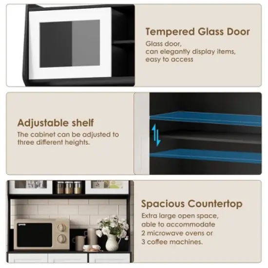 Kitchen Pantry Cabinet with LED - 3-Drawer Buffet Hutch with Adjustable Shelves & Countertop, Tall Storage Sideboard for Dining Room image {6}