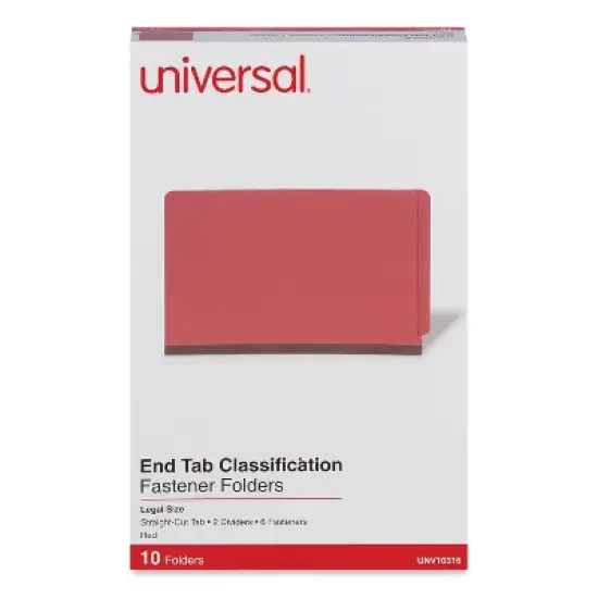 Universal Red Pressboard End Tab Classification Folders, 2" Expansion, 2 Dividers, 6 Fasteners, Legal Size, Red Exterior, 10/Box image {1}