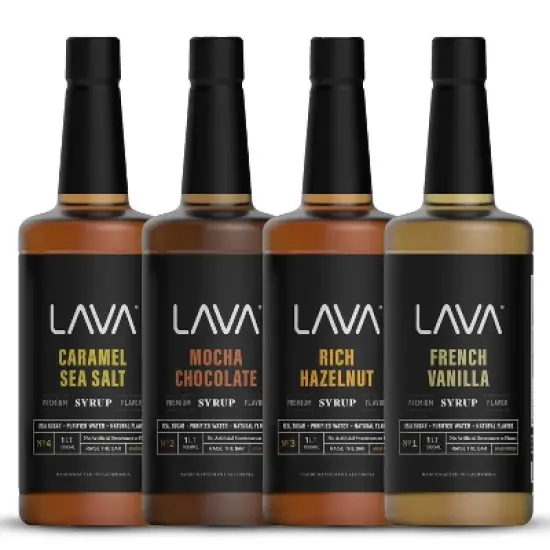 (Variety 4-Pack) LAVA Premium Natural Coffee Syrups: Salted Caramel, French Vanilla, Mocha Chocolate, and Rich Hazelnut, 33.8oz (1-Liter) Bottles image {1}