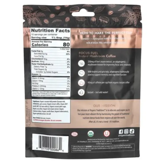 Organic Traditions Instant Mushroom Coffee, Focus Fuel, 5 oz (140 g) image {1}