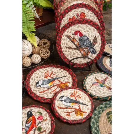 Earth Rugs Eco-Friendly Bird Decor &ndash; Round Braided Jute Trivet with Hand-Stenciled Woodpecker image {1}