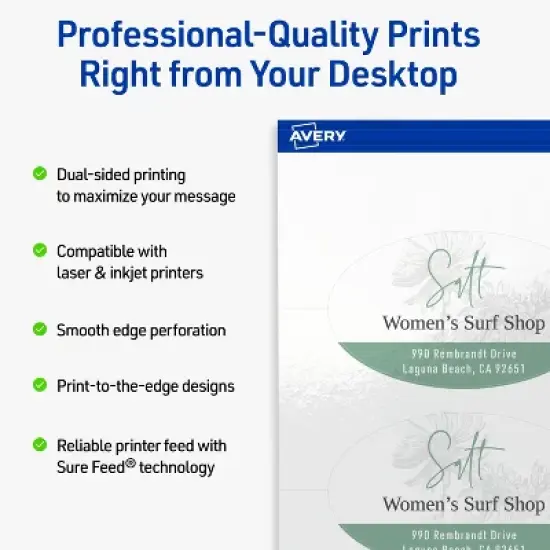 Avery Printable Oval Business Cards, Sure Feed Technology, 2" x 3-1/2", Glossy White Cardstock, Print-to-The-Edge, Laser/Inkjet Printable, 80 Total image {1}