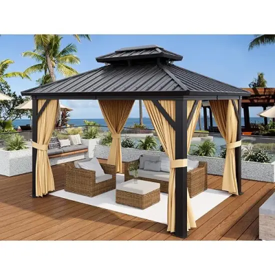 10x12FT Metal Hardtop Gazebo with Nettings & Curtains,Reinforced Hardtop & UV-Blocking SunShield with Lockable Privacy Curtains image {9}