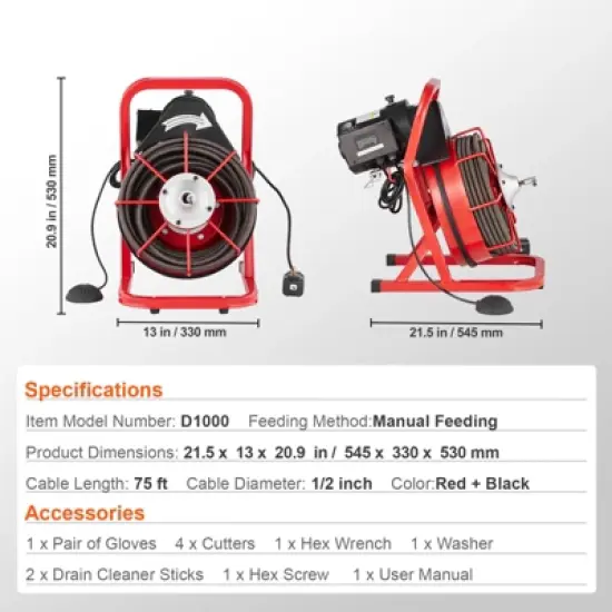 VEVOR Drain Cleaner Machine 75FT x 1/2 Inch, Sewer Snake Auger Manual Feed, 370W Electric Drain Cleaning Machine, Red image {7}