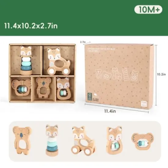Freniland&trade; - Wooden Baby Rattle Toy Set &ndash; 5 PCS Blue Animal Themed Teether and Rattles, Natural Beech Wood Montessori Toys for 10M+ image {6}