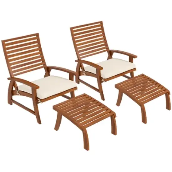 Outsunny 4 Piece Patio Furniture Set, 2 Chairs with Cushions & Ottomans, Slatted Acacia Wood Seat & Backrest, Cream White image {6}
