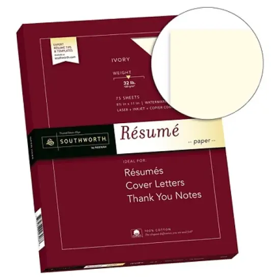 8.5" x 11" 75-Sheet 100% Cotton R&eacute;sum&eacute; Paper 32 lb Wove Finish, Ivory - Southworth: Letterhead, Unbound, Matte image {1}