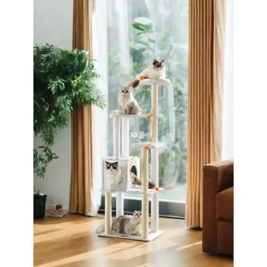 65-Inch Cat Tree for Indoor Cats - Modern Multi-Level Cat Tower with 5 Scratching Posts, Perch, and Washable Cushions - Cat Furniture by WoodyWonders image {4}