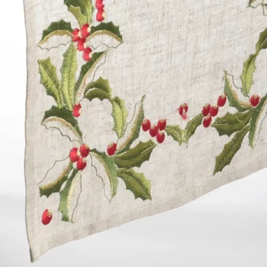 Saro Lifestyle 16"x54" Embroidered Holly Design Table Runner Natural image {1}