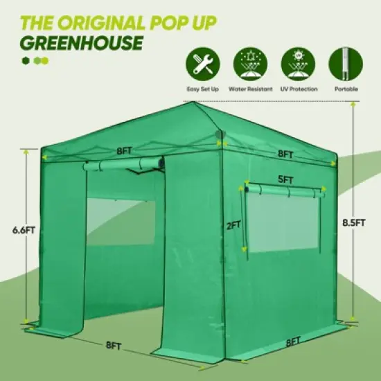 EAGLE PEAK 8'x8' Instant Pop-up Greenhouse, Roll-Up Zipper Doors and Side Windows image {2}
