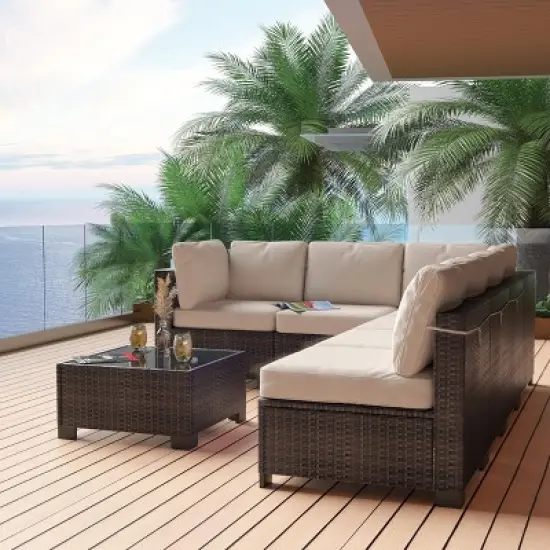 7-Piece Outdoor Patio Furniture Set, All-Weather Wicker Sectional Sofa with Cushions & Coffee Table, Rattan Set for Garden, Porch, Balcony image {2}