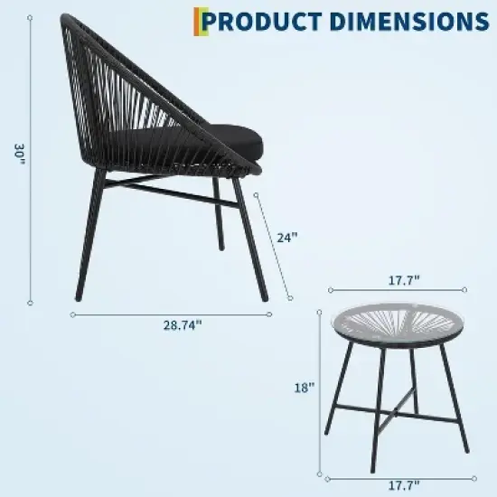 3-Piece Outdoor Seating Acapulco Chair, Modern Patio Furniture Set, Glass Top Table and 2 Chairs, Indoor and Outdoor Conversation Bistro Set image {2}